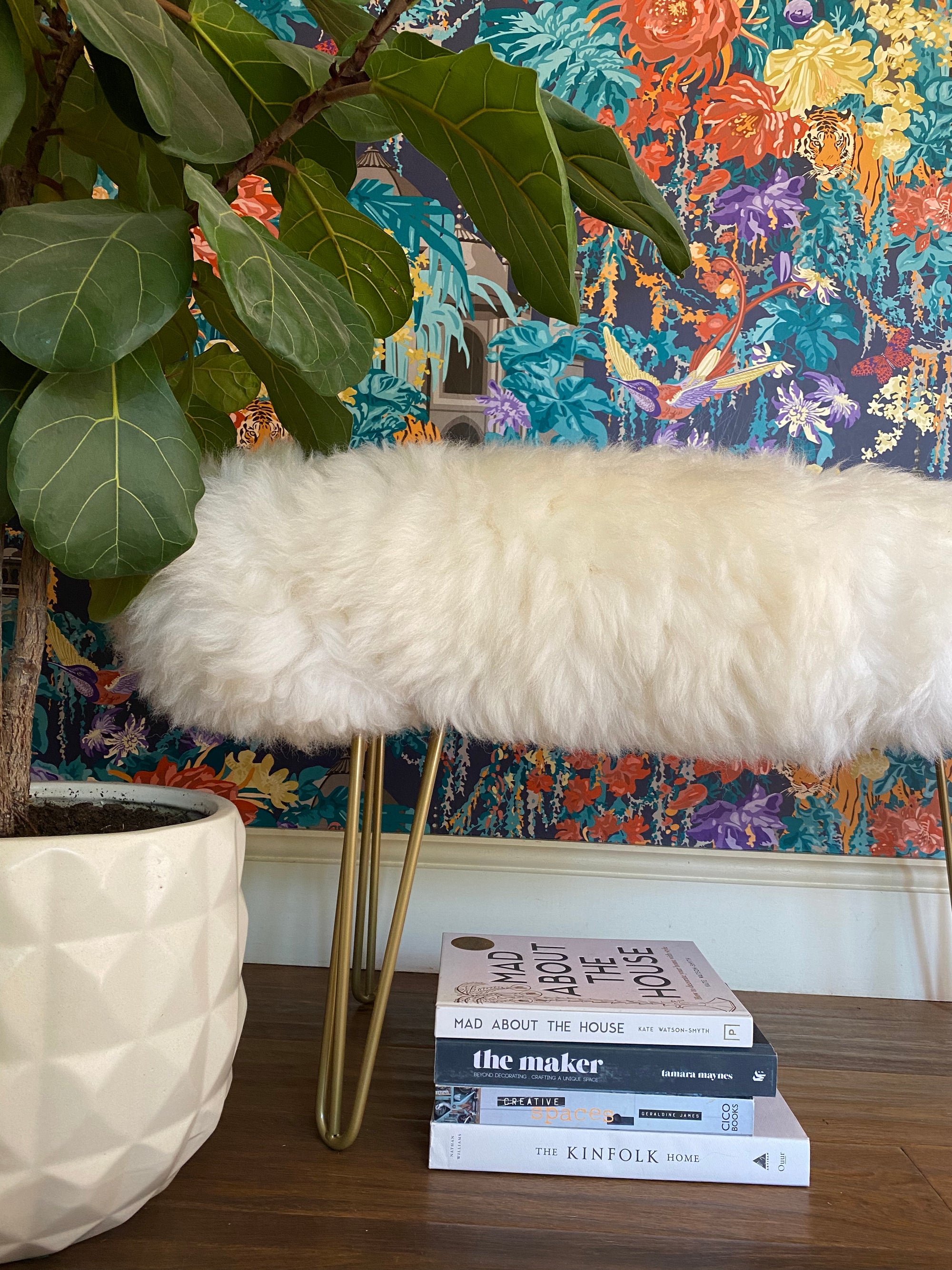 English Sheepskin upholstered bench with hairpin legs 