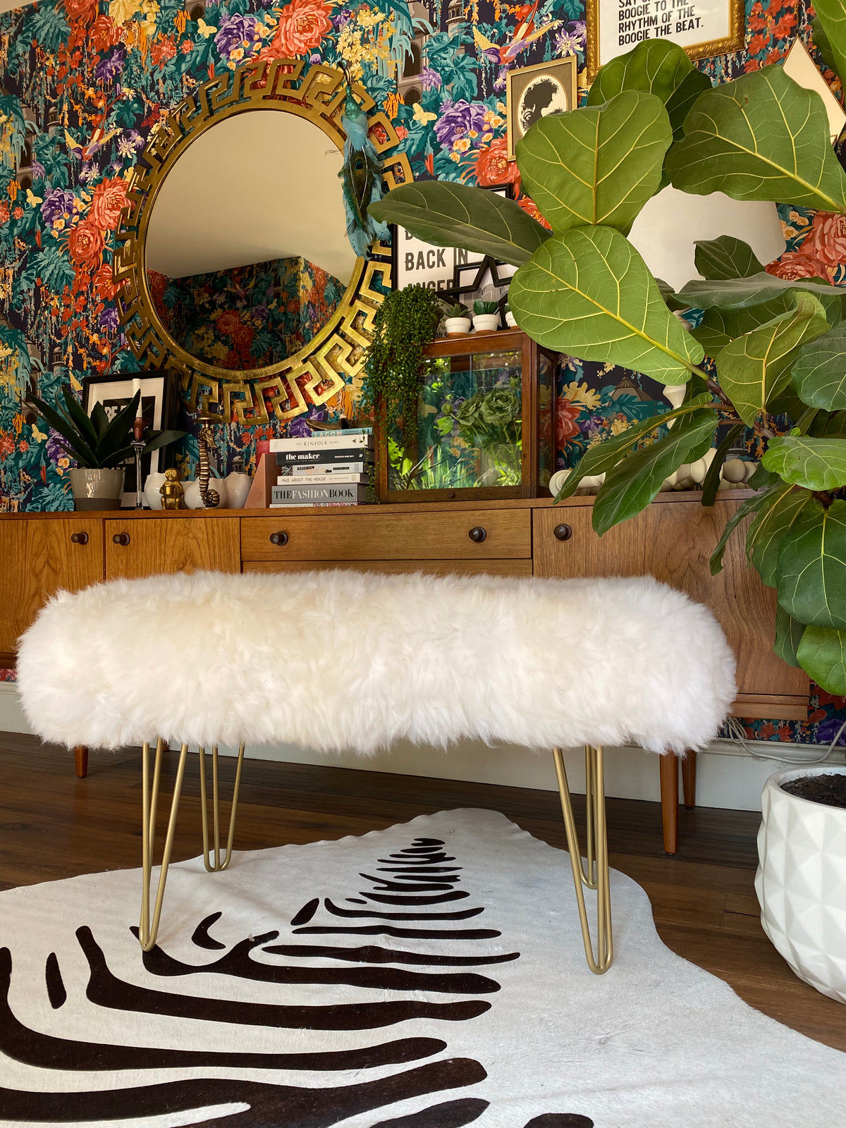 English Sheepskin upholstered bench with hairpin legs