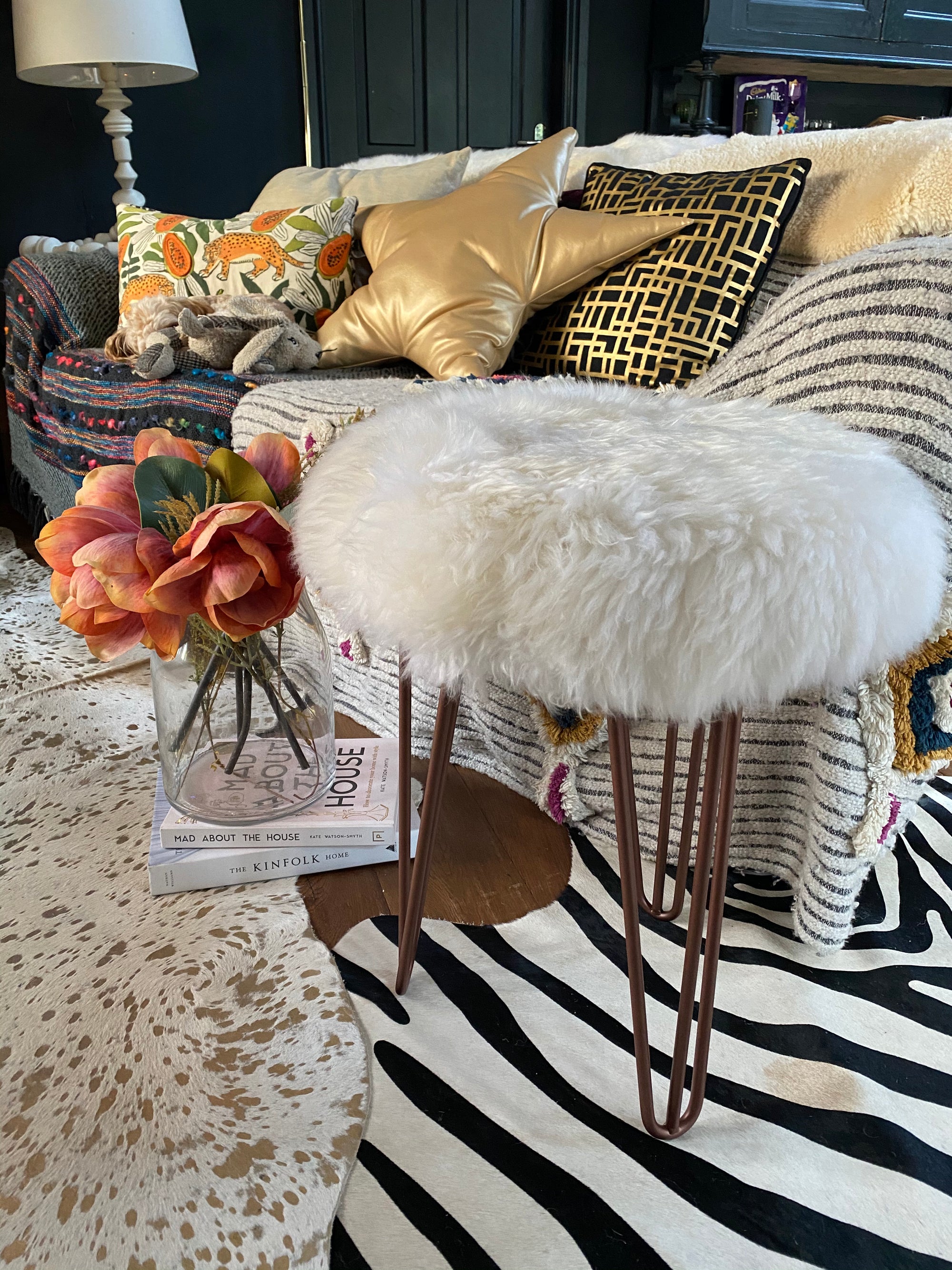 English Sheepskin Upholstered Console Stool