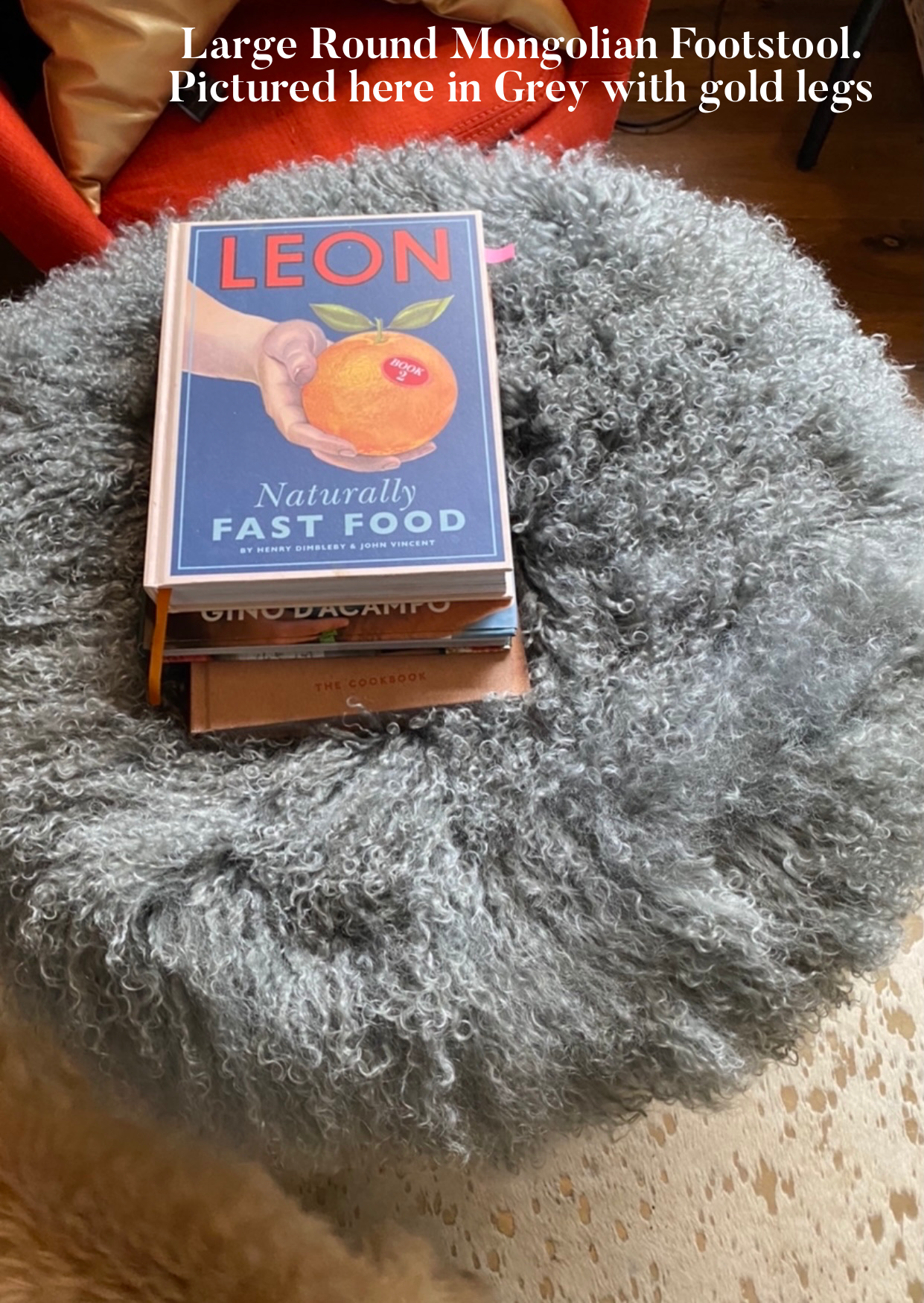 Large round Mongolian Sheepskin upholstered footstool with hairpin legs