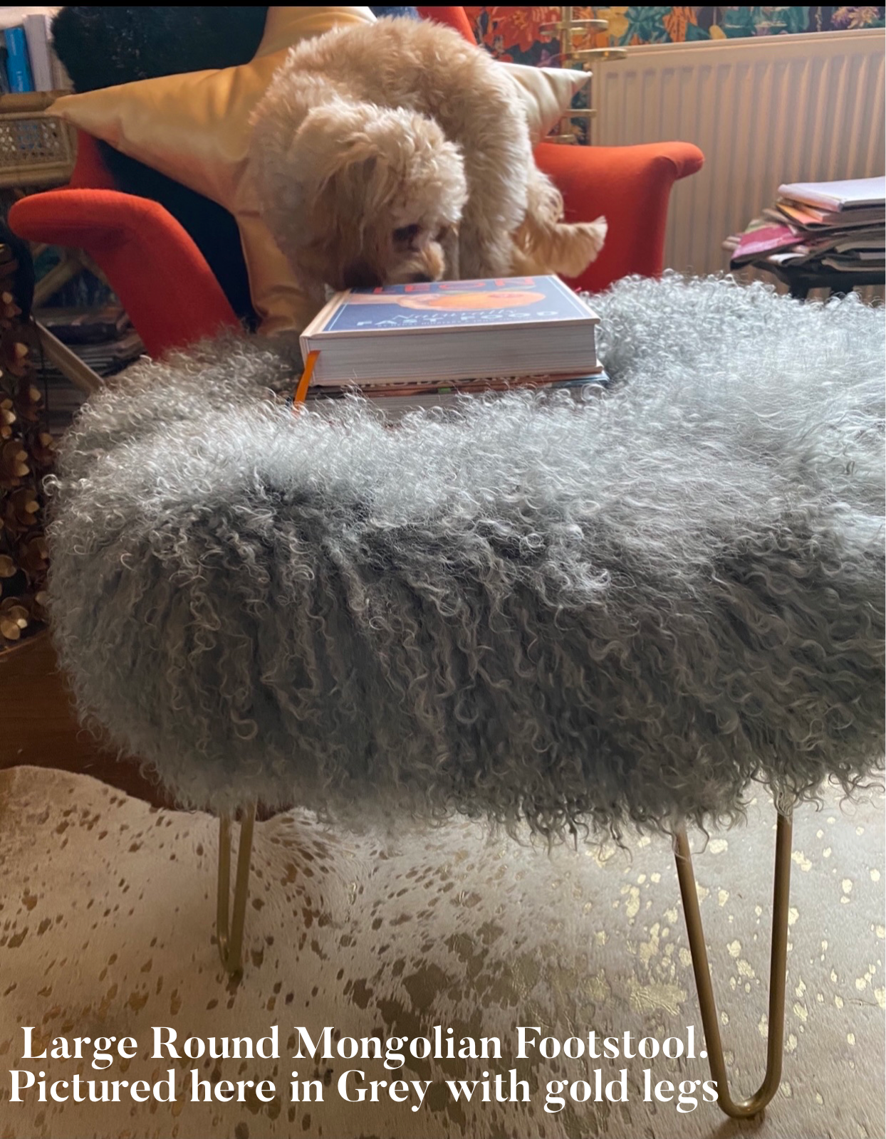 Large round Mongolian Sheepskin upholstered footstool with hairpin legs