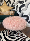 Small round Mongolian Sheepskin upholstered footstool with hairpin legs