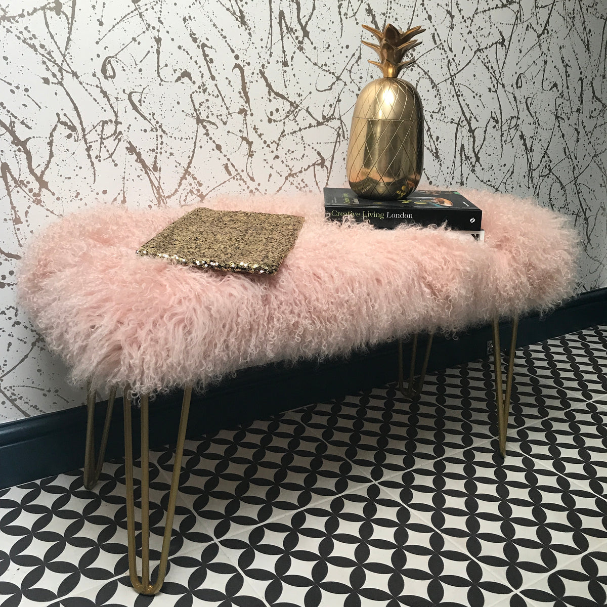 Blush Pink standard size mongolian upholstered  metallic hairpin leg bench
