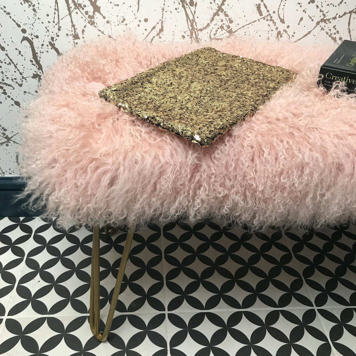 Blush Pink standard size mongolian upholstered metallic hairpin leg bench  