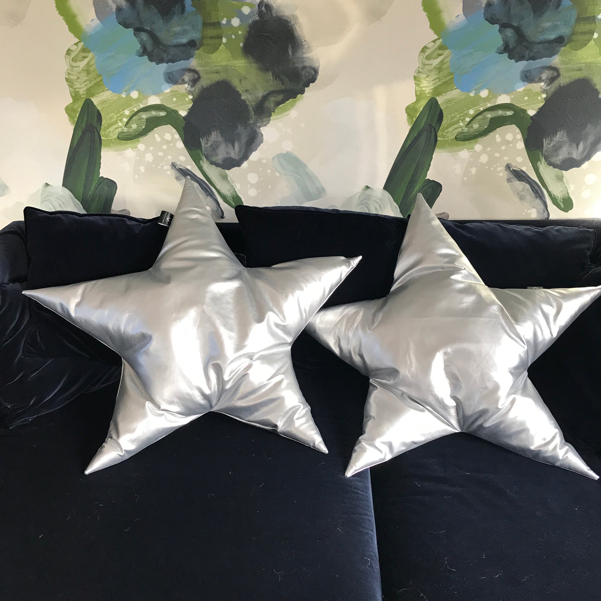 Silver faux leather handmade star cushion