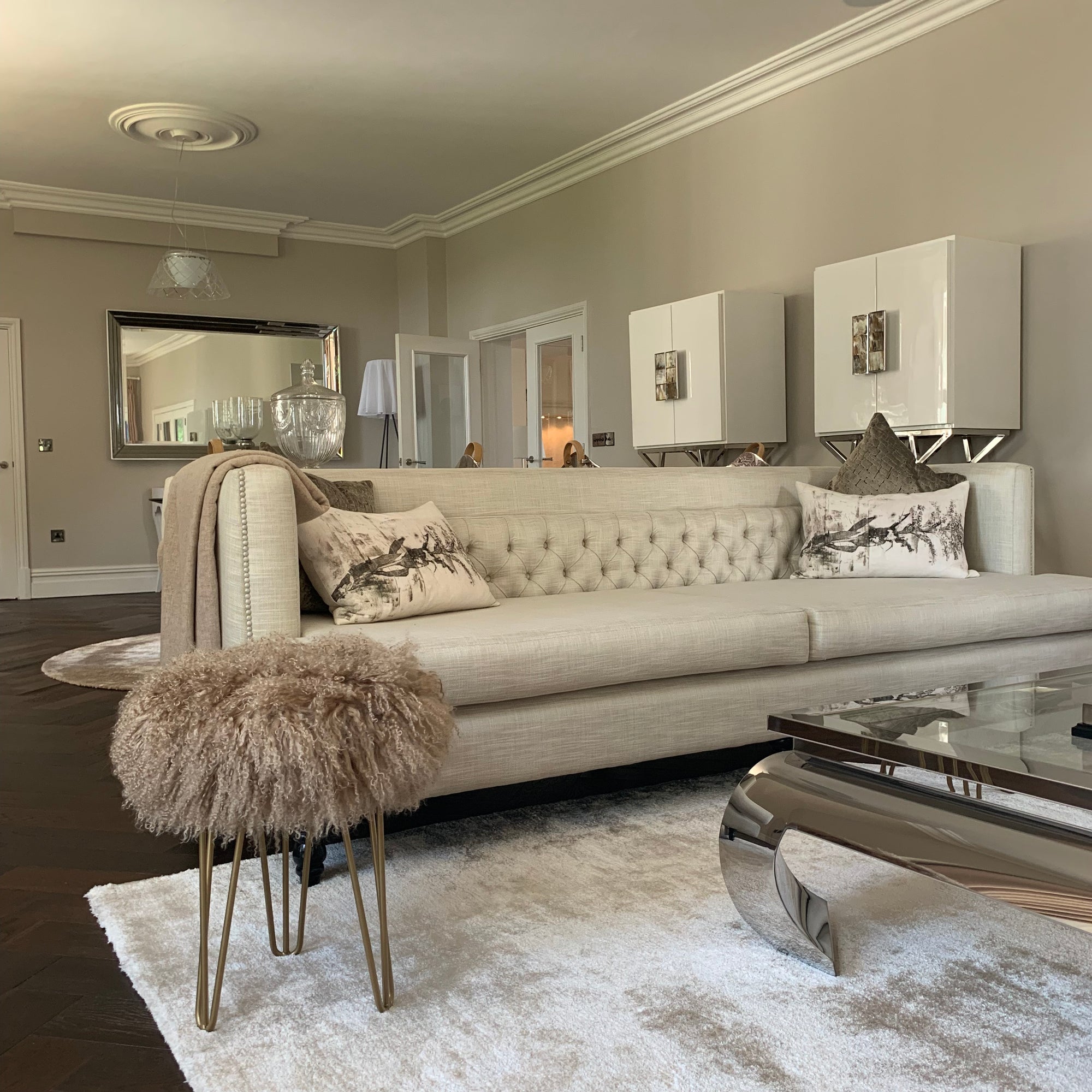 Mongolian Sheepskin Upholstered Console Stool