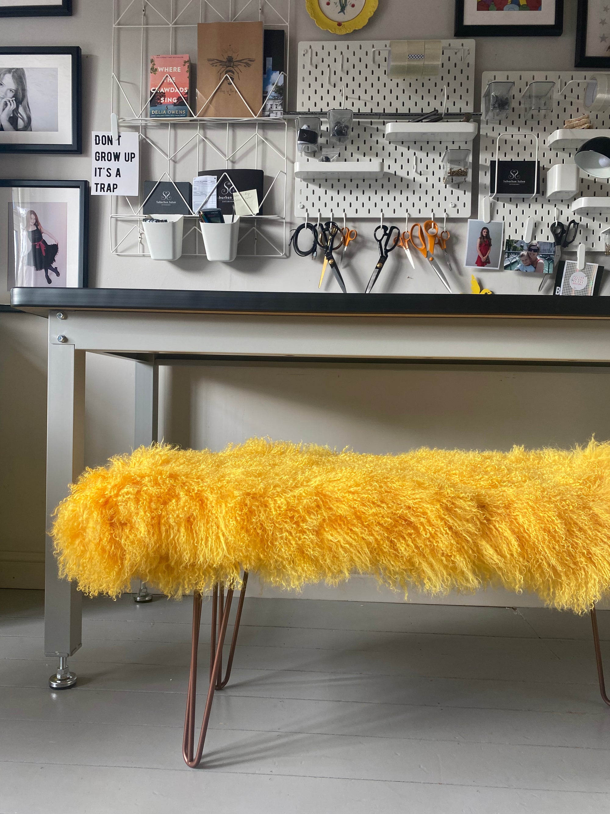 mustard mongolian sheepskin EXTRA LARGE bench with hairpin legs
