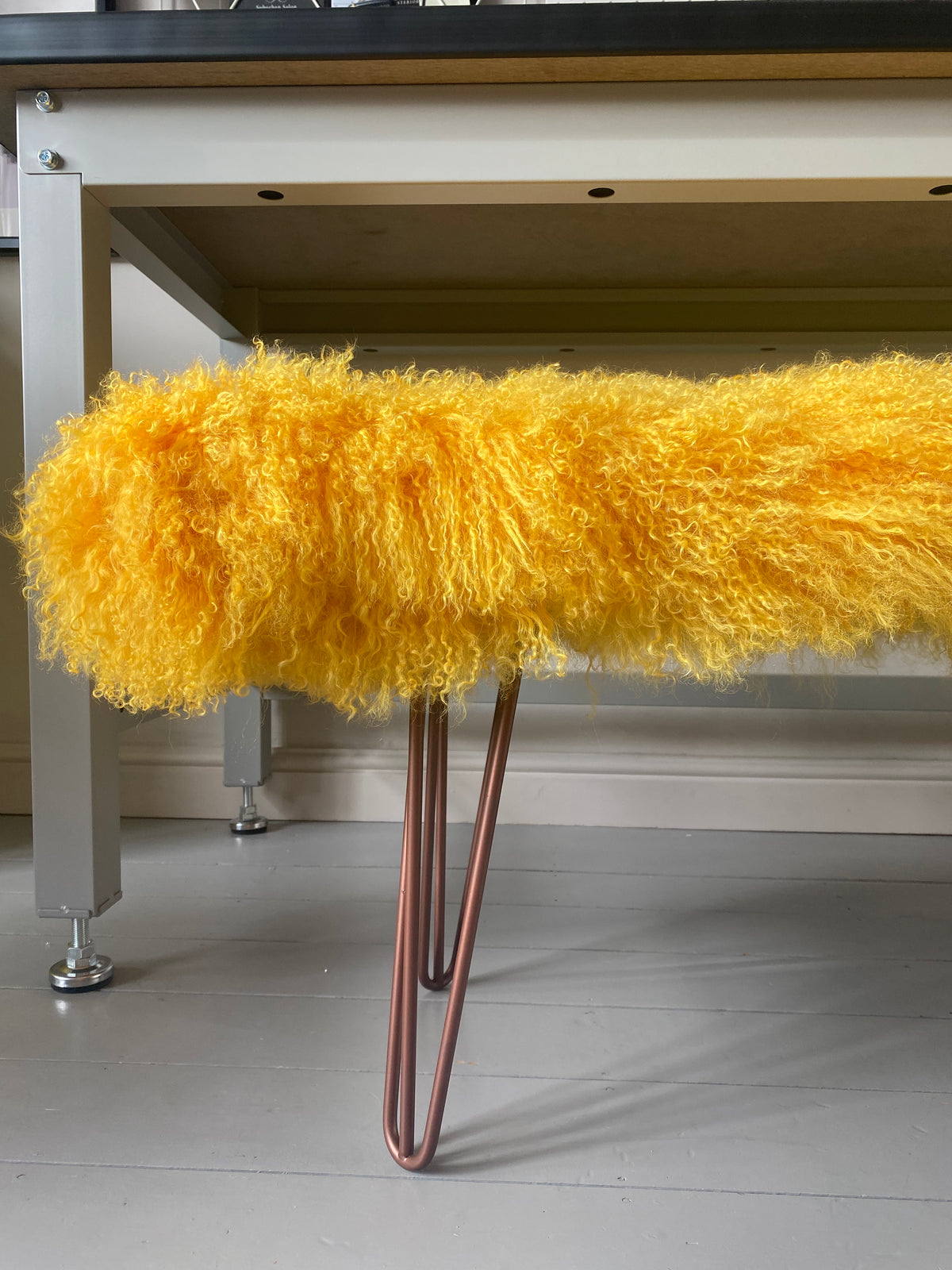 mustard mongolian sheepskin EXTRA LARGE bench with hairpin legs