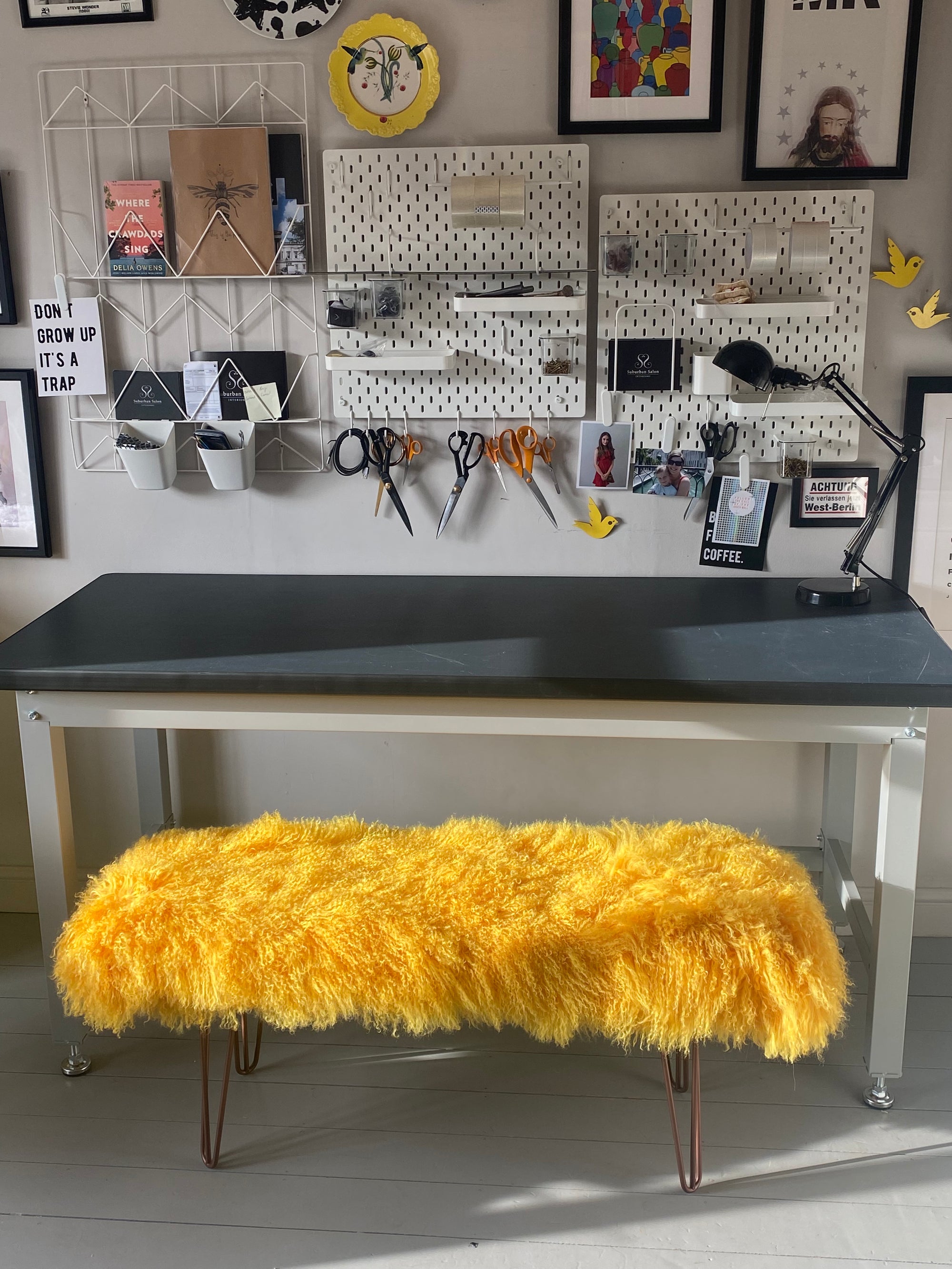 mustard mongolian sheepskin EXTRA LARGE bench with hairpin legs
