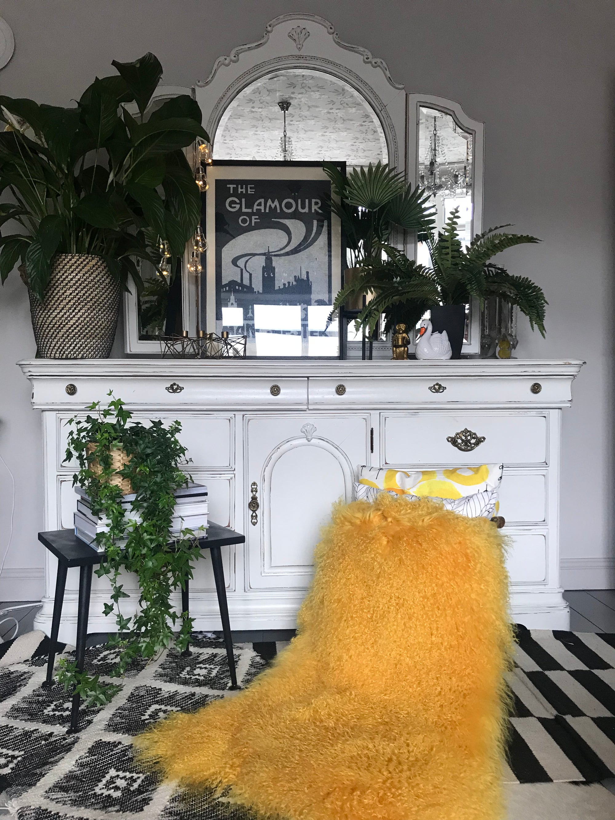 MUSTARD YELLOW mongolian sheepskin throw runner rug