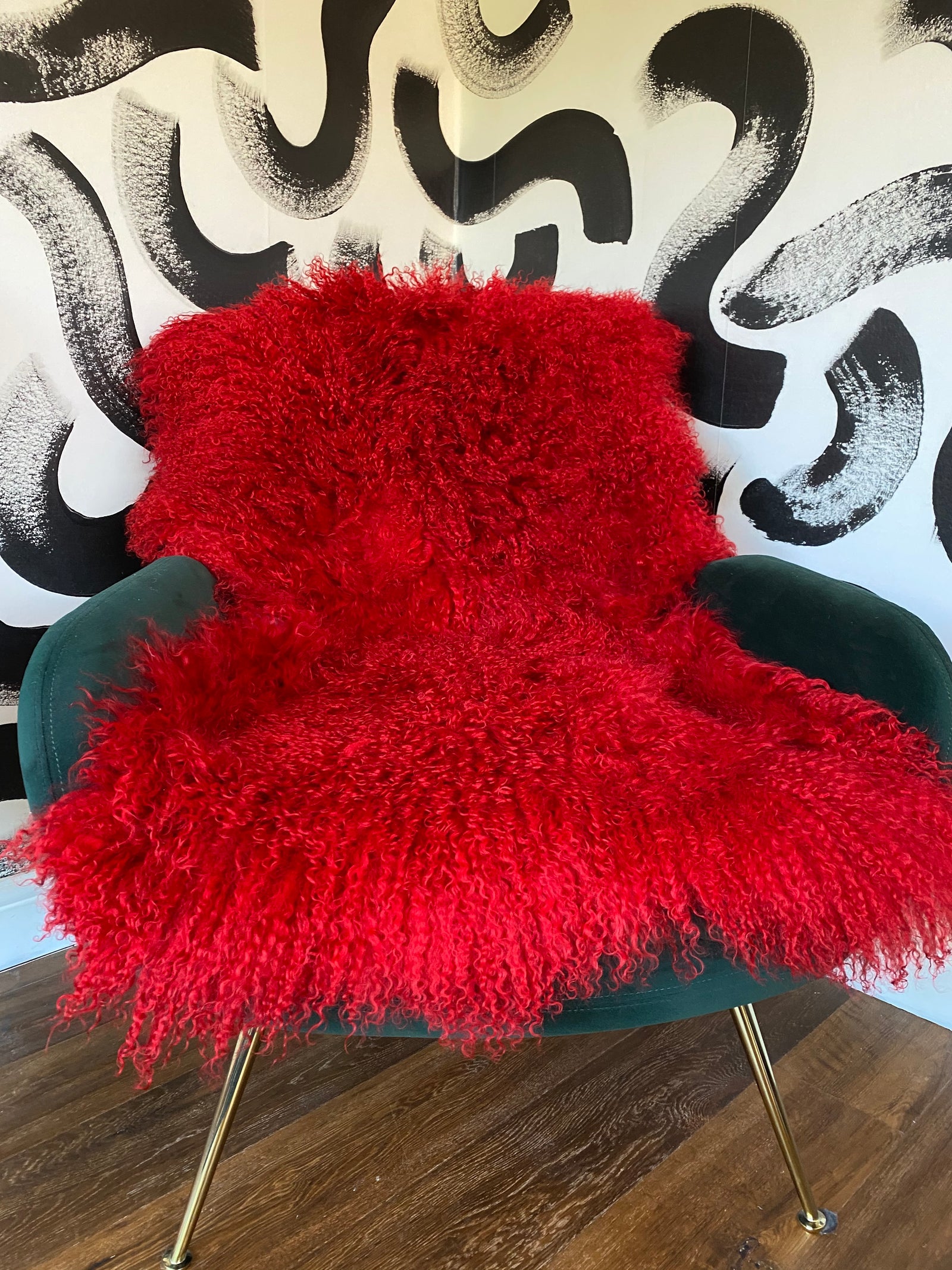 cherry red Mongolian sheepskin throw suburban salon
