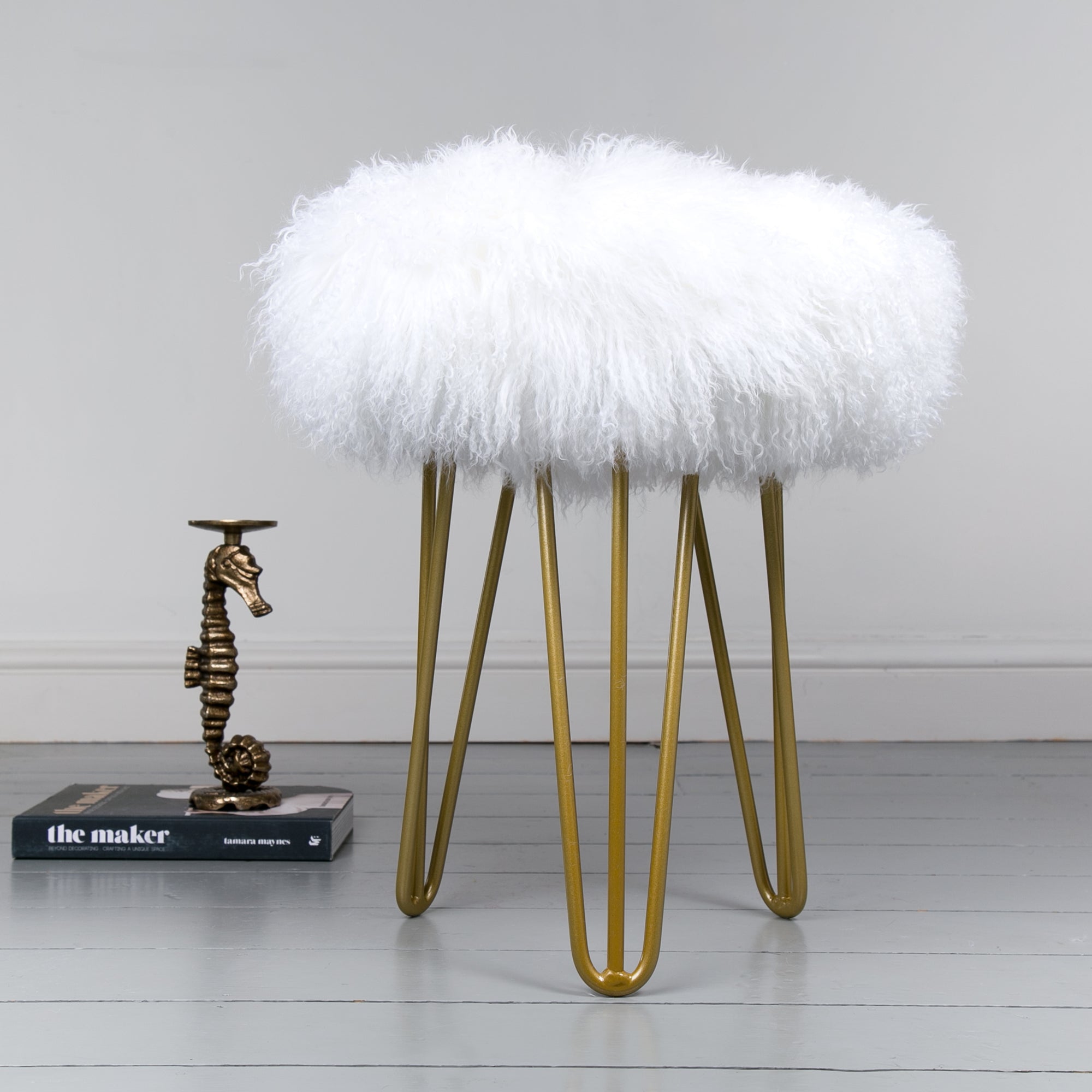 white Mongolian Sheepskin stool