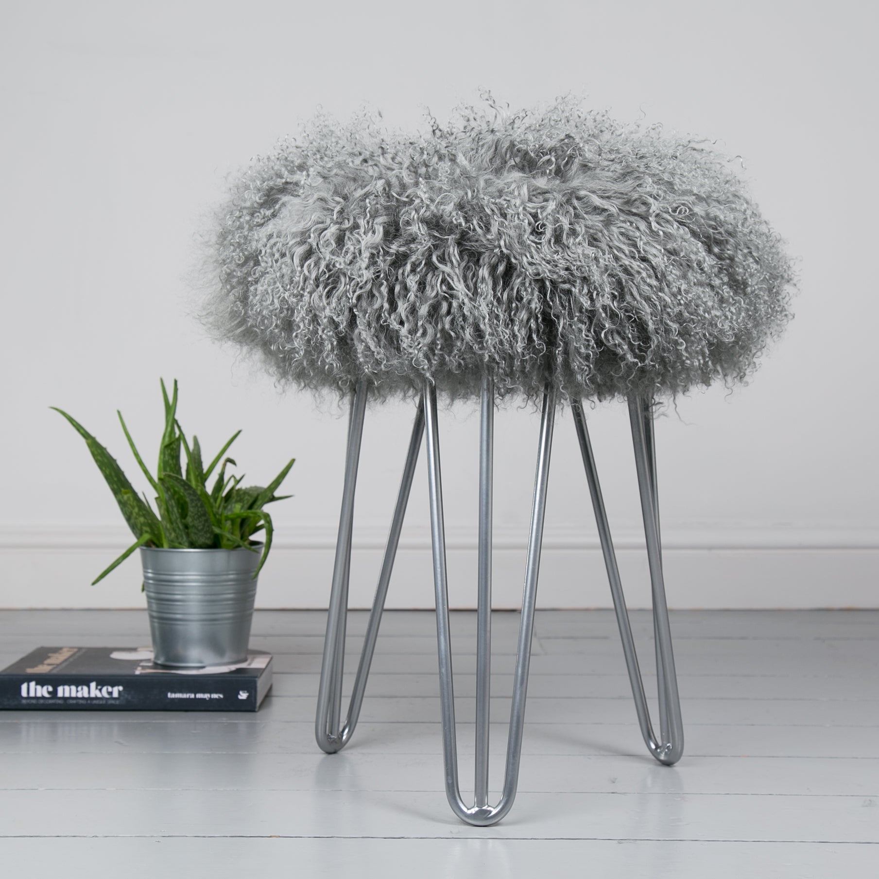 grey Mongolian Sheepskin stool 
