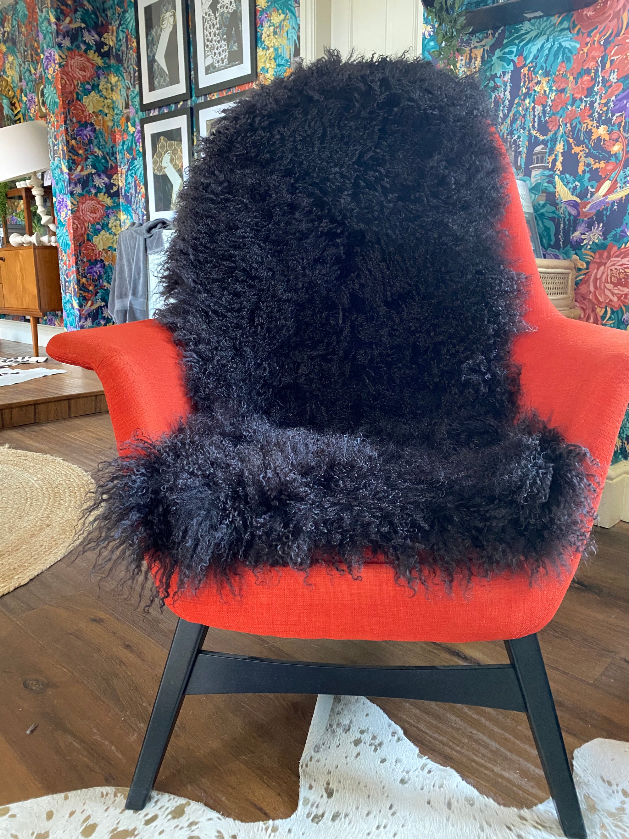 BLACK mongolian sheepskin throw runner rug