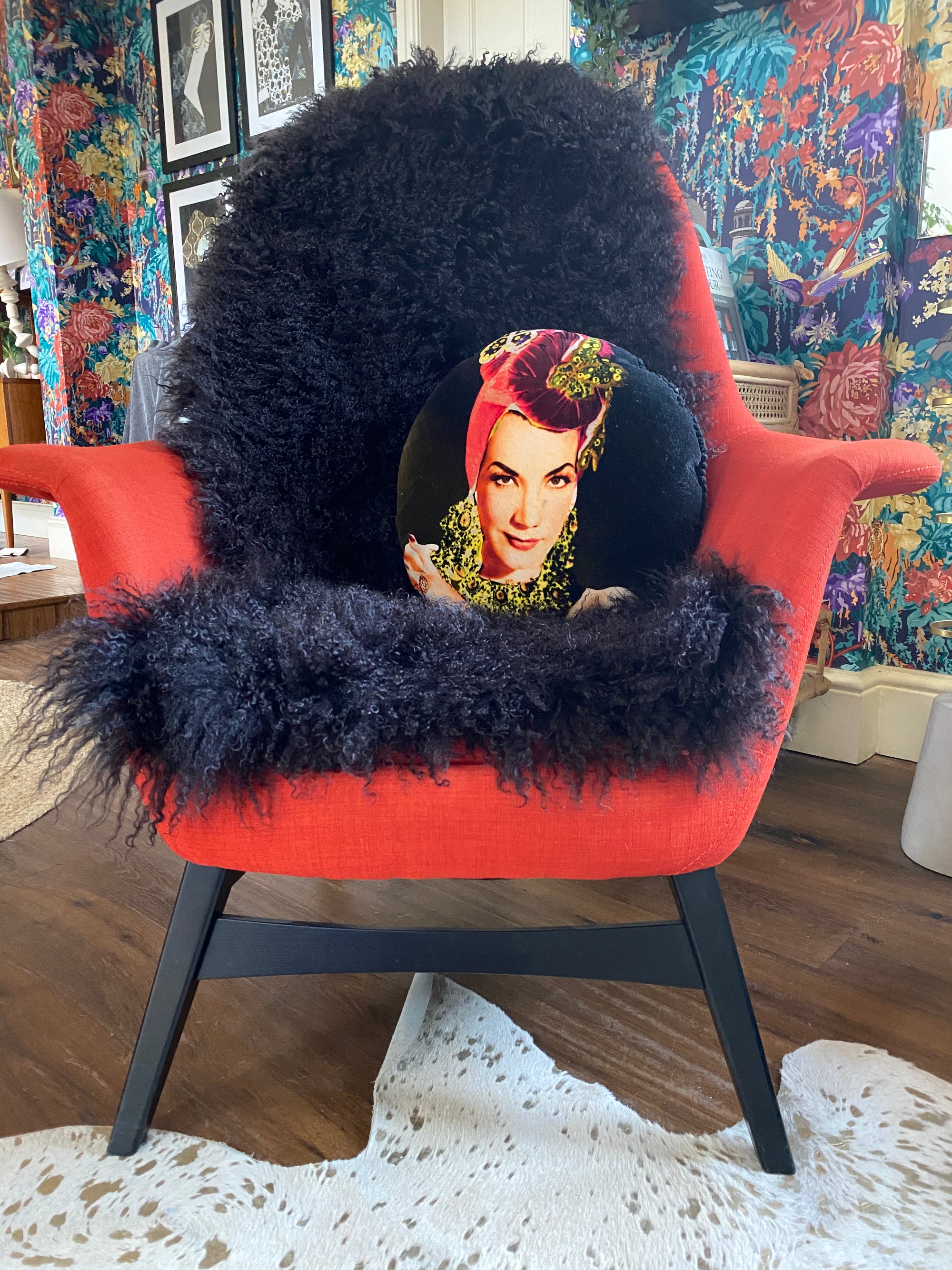 BLACK mongolian sheepskin throw runner rug