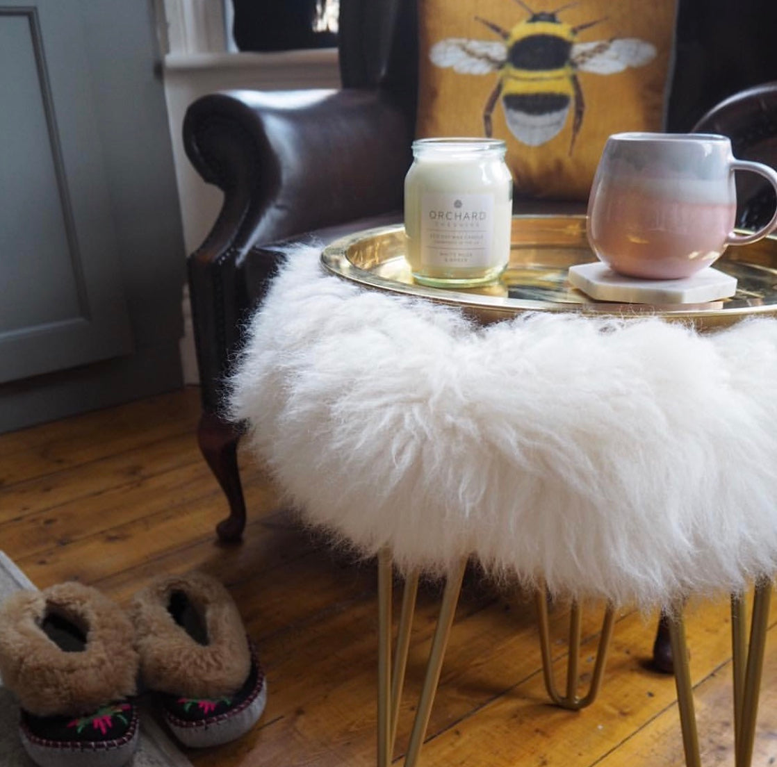 English Sheepskin Upholstered Console Stool