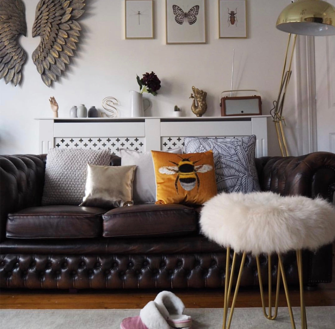 English Sheepskin Upholstered Console Stool