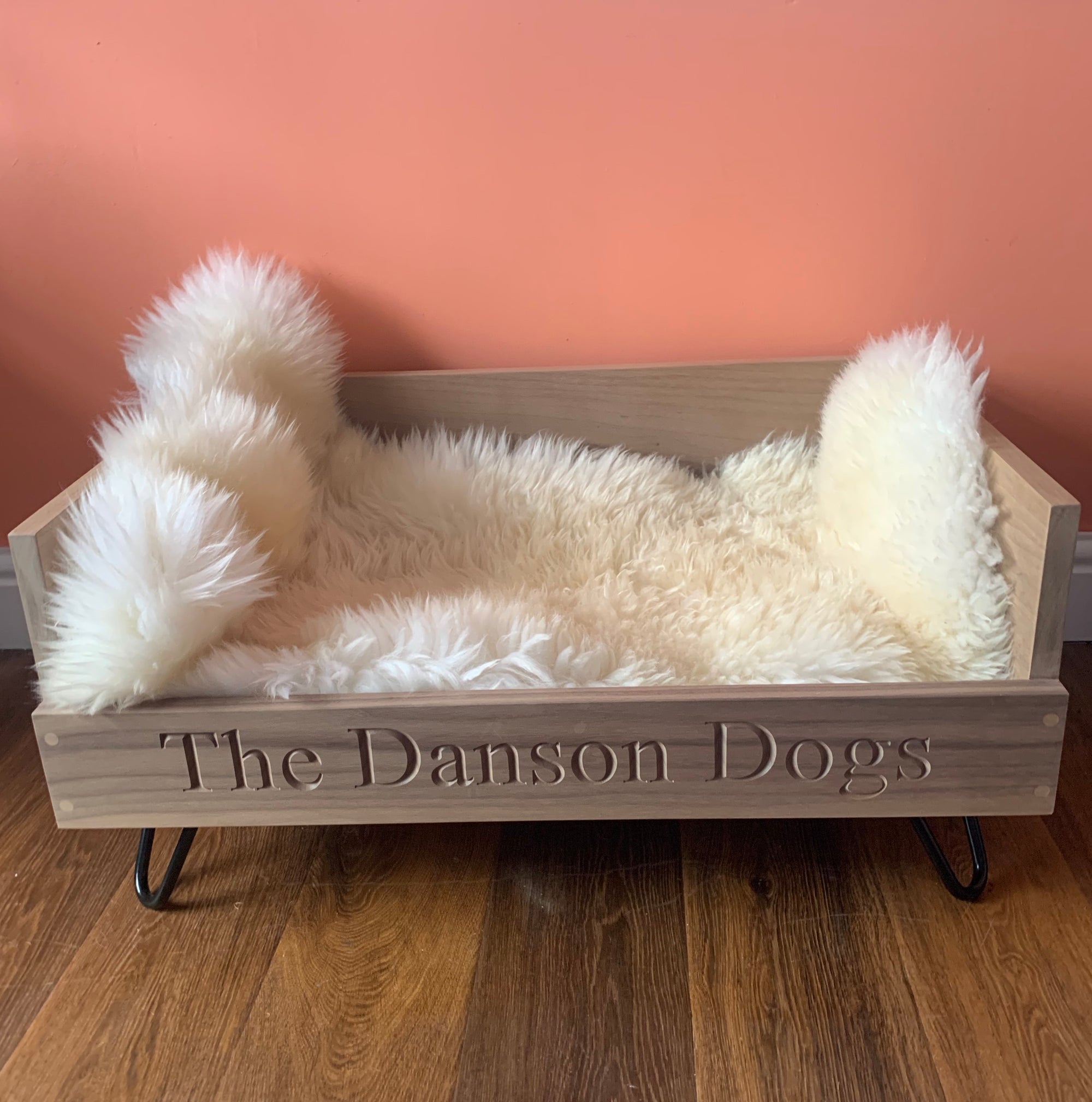 walnut handcrafted dog bed oak personalised hairpin leg midcentury personalised dog cat bed  Edit alt text
