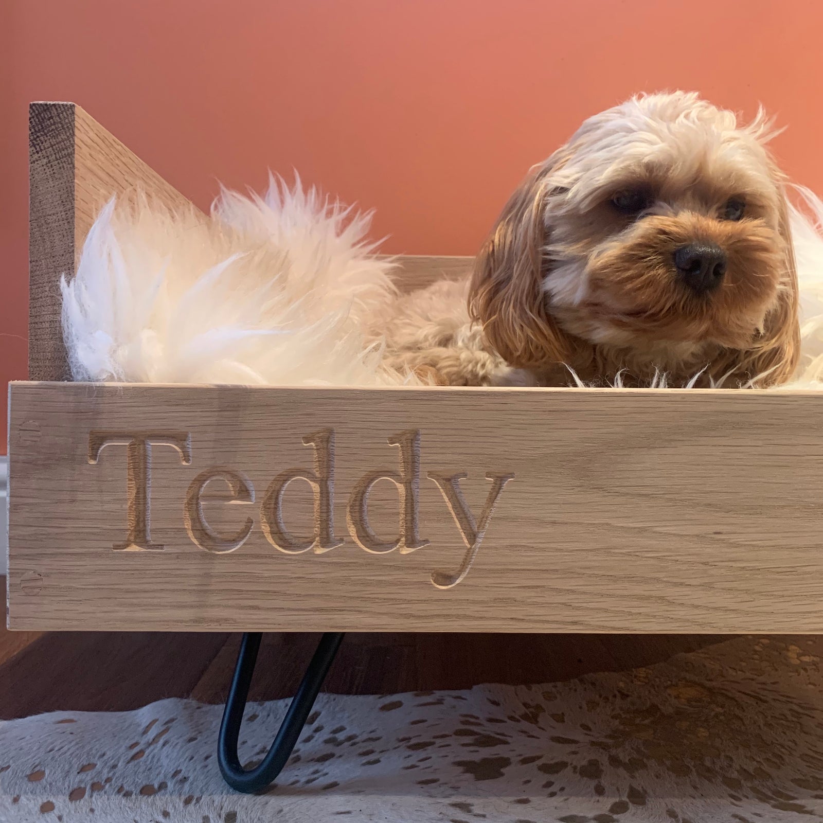 oak personalised hairpin leg midcentury personalised dog cat bed 