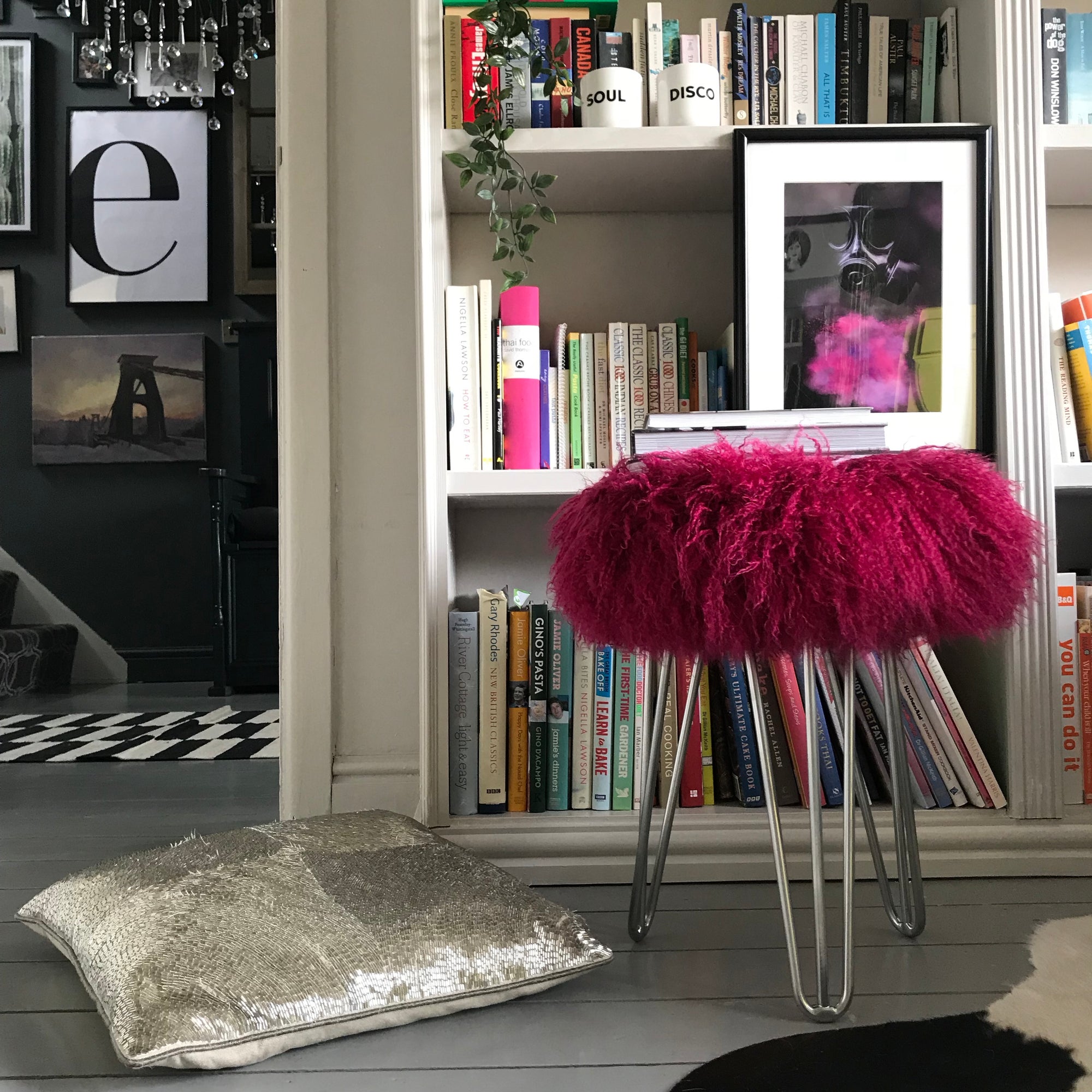 magenta Mongolian Sheepskin stool 